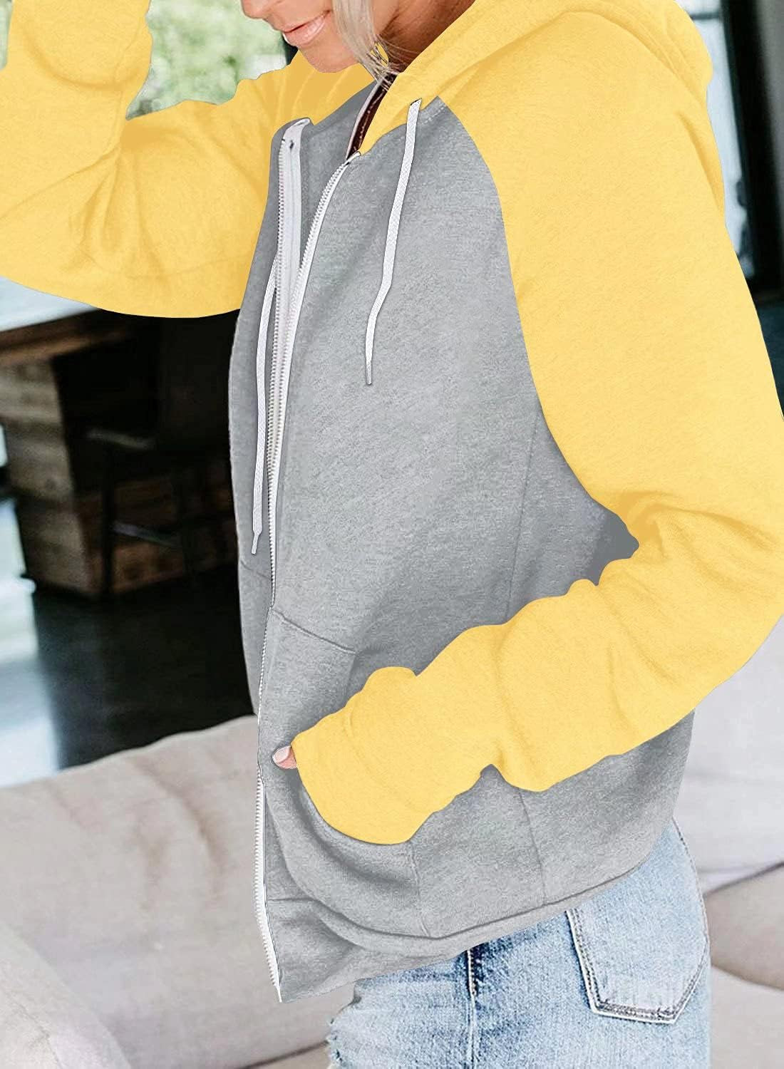Women'S Color Block Zip up Hoodie Sweatshirt Casual Long Sleeve Jacket Sweater with Pockets Loose Tops