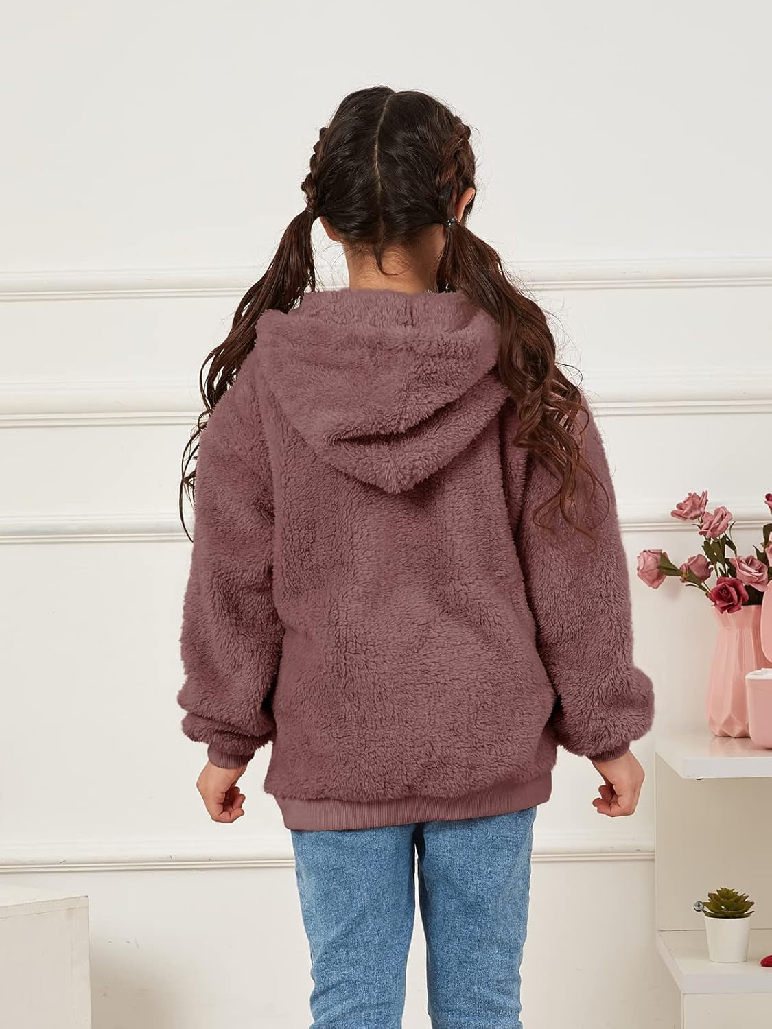 Kids Girl'S Fuzzy Hoodies Zipper Warm Loose Sherpa Hooded Sweatshirt Pullover with Pockets