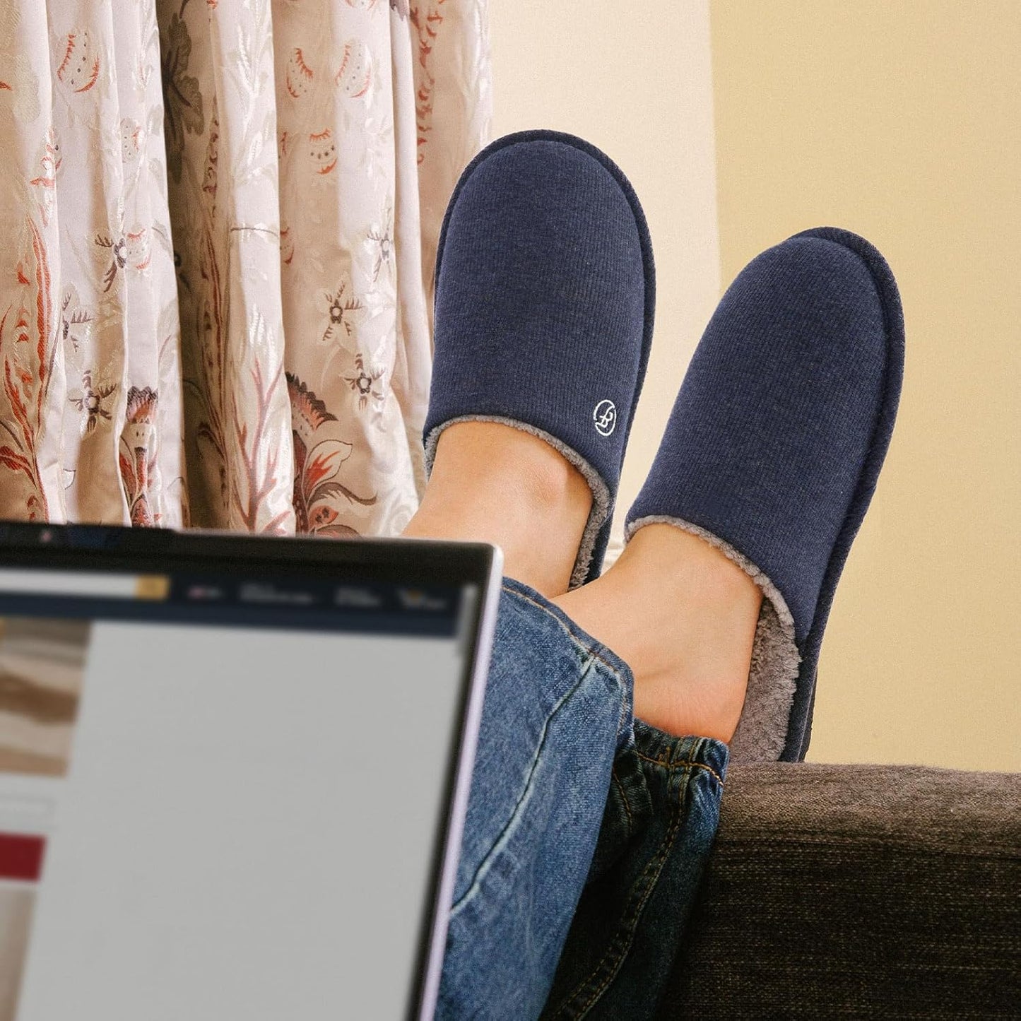 Men'S Cotton Knit Slippers Lightweight Memory Foam Indoor House Shoes with Anti-Skid Sole