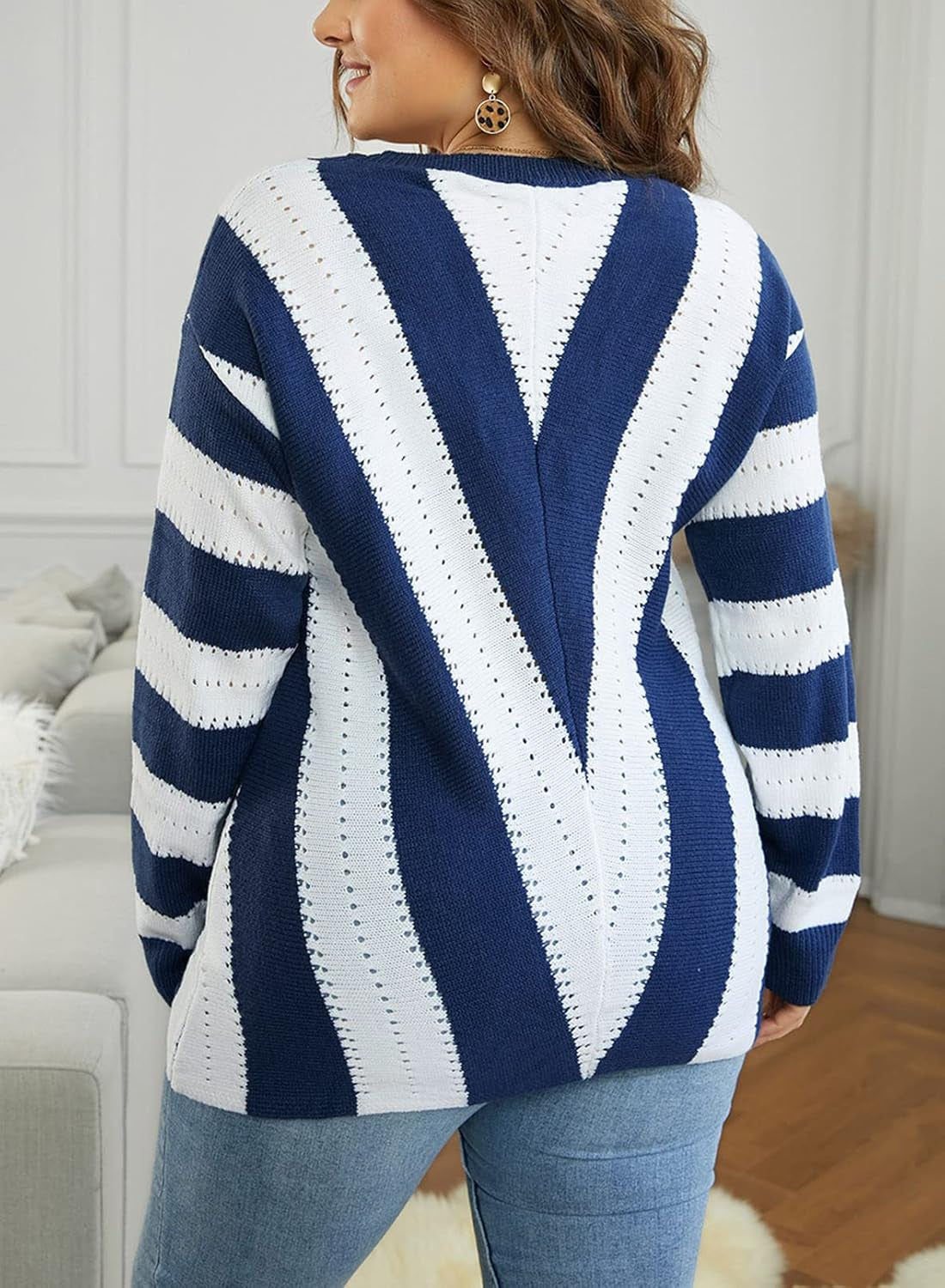 Womens 2025 Deep V Neck Sweaters Striped Long Sleeve Knit Pullover Sweaters for Women