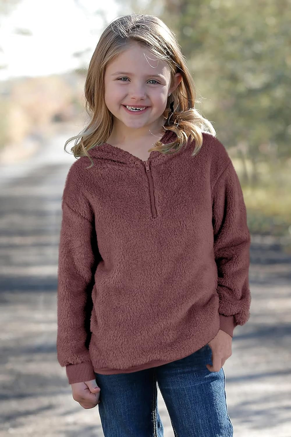 Kids Girl'S Fuzzy Hoodies Zipper Warm Loose Sherpa Hooded Sweatshirt Pullover with Pockets
