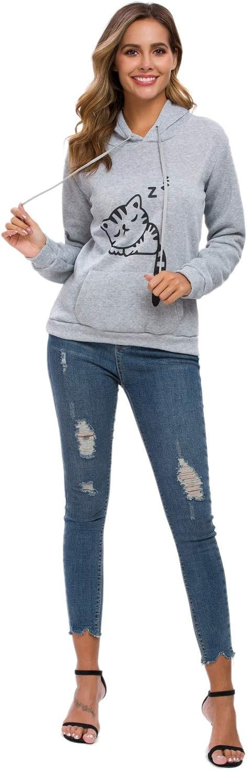 Women Teen Girls Hoodie Sweatshirt with Cute Cat Ear and Sleeping Cat Printed Pullover