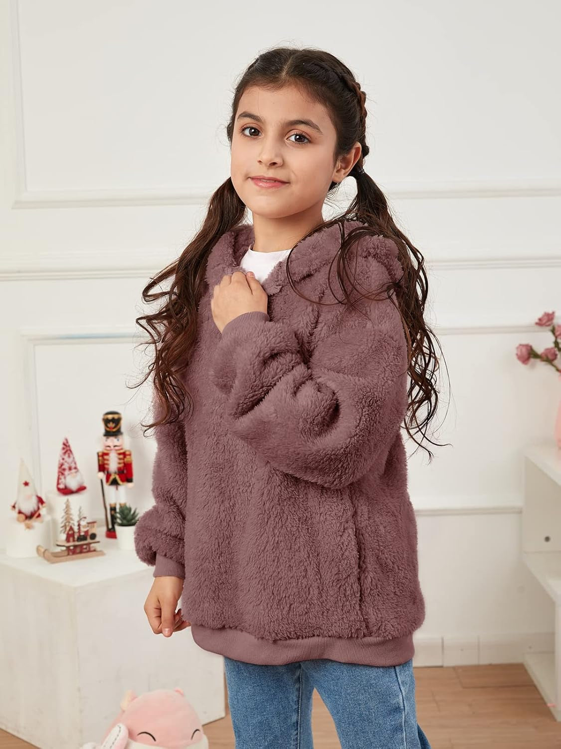 Kids Girl'S Fuzzy Hoodies Zipper Warm Loose Sherpa Hooded Sweatshirt Pullover with Pockets