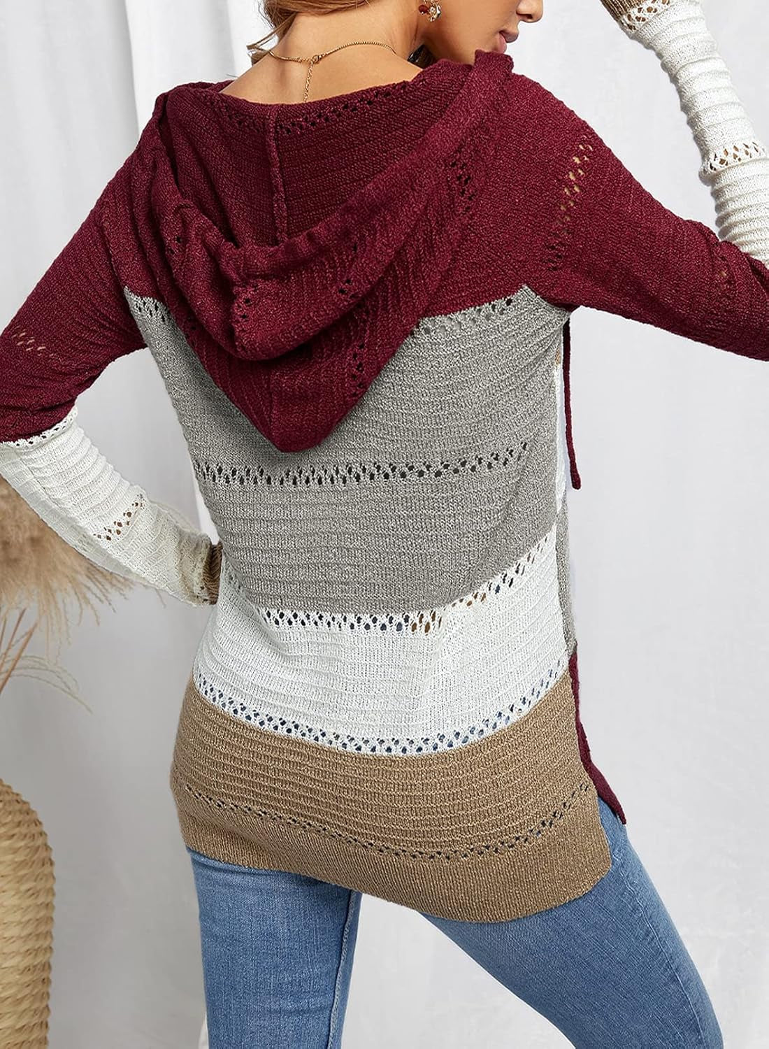 Women'S 2025 Fall Striped Color Block Hoodies Fashion V Neck Knit Sweater Pullovers