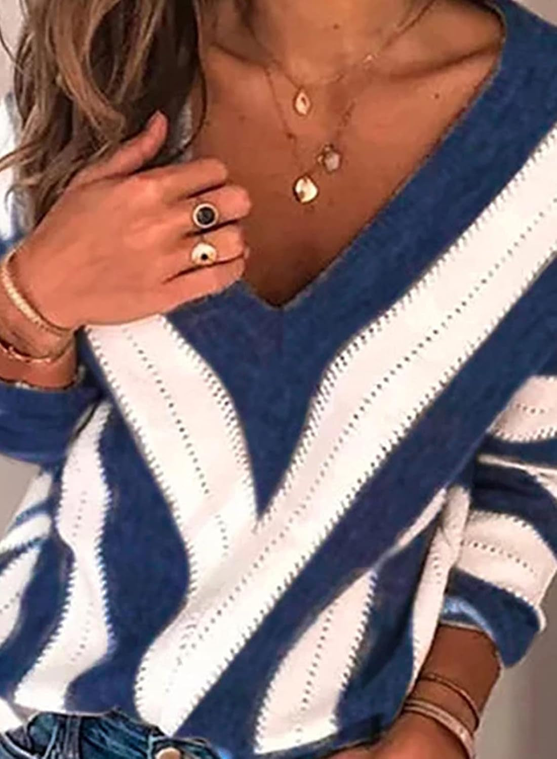 Womens 2025 Deep V Neck Sweaters Striped Long Sleeve Knit Pullover Sweaters for Women