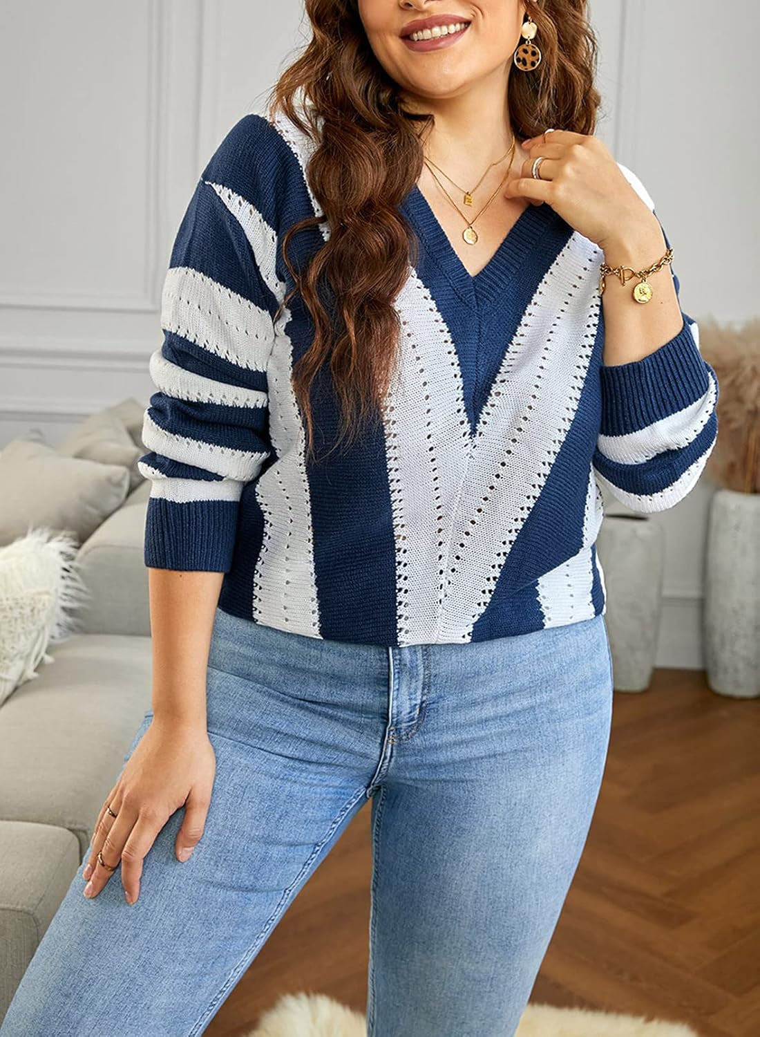 Womens 2025 Deep V Neck Sweaters Striped Long Sleeve Knit Pullover Sweaters for Women