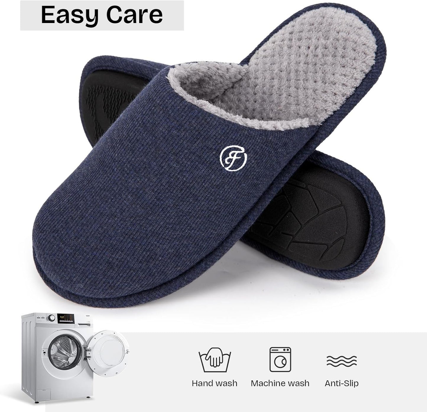 Men'S Cotton Knit Slippers Lightweight Memory Foam Indoor House Shoes with Anti-Skid Sole