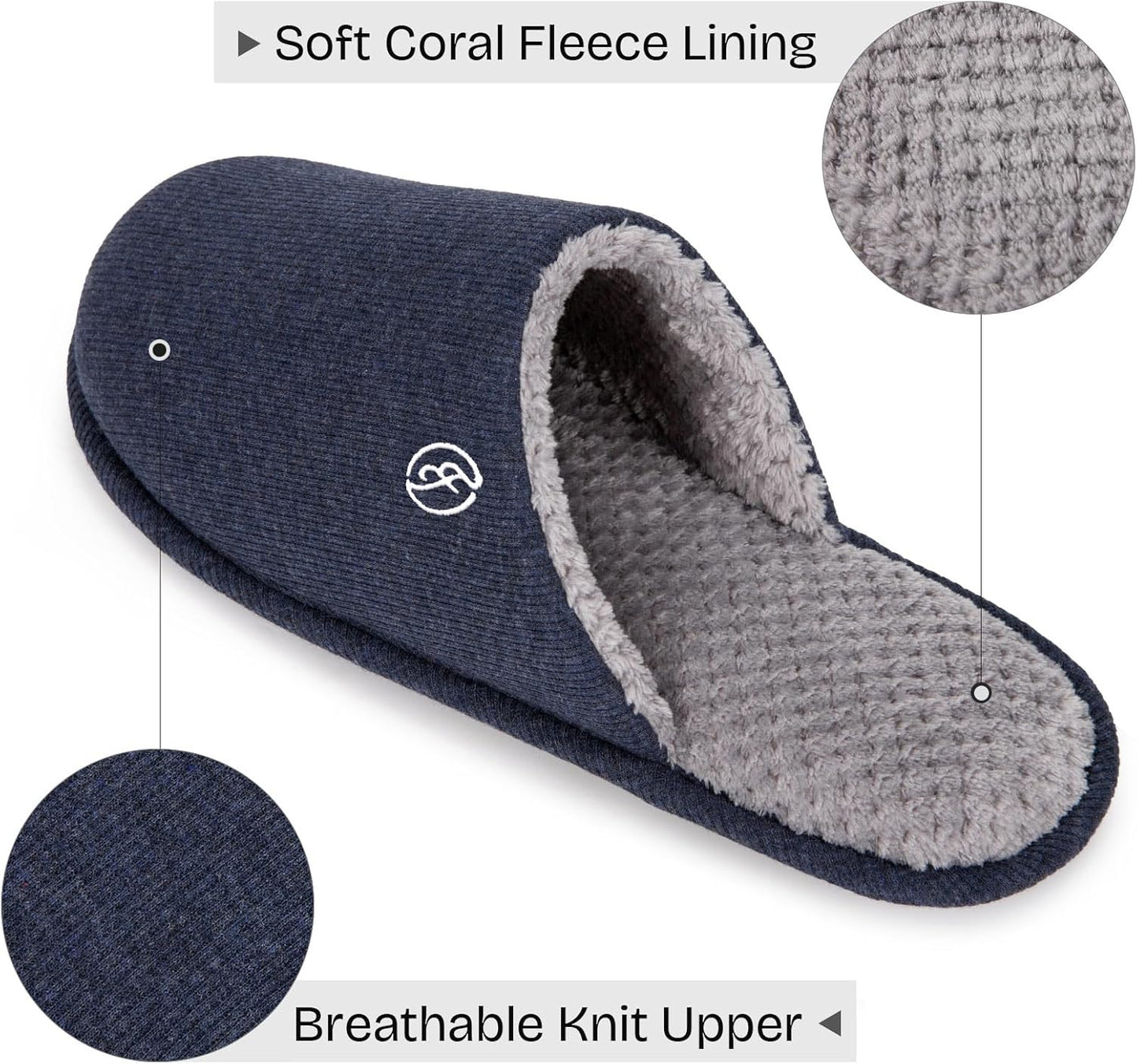 Men'S Cotton Knit Slippers Lightweight Memory Foam Indoor House Shoes with Anti-Skid Sole