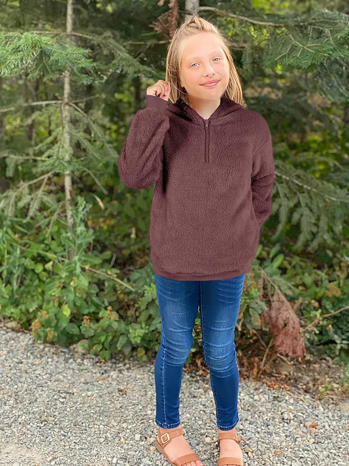 Kids Girl'S Fuzzy Hoodies Zipper Warm Loose Sherpa Hooded Sweatshirt Pullover with Pockets