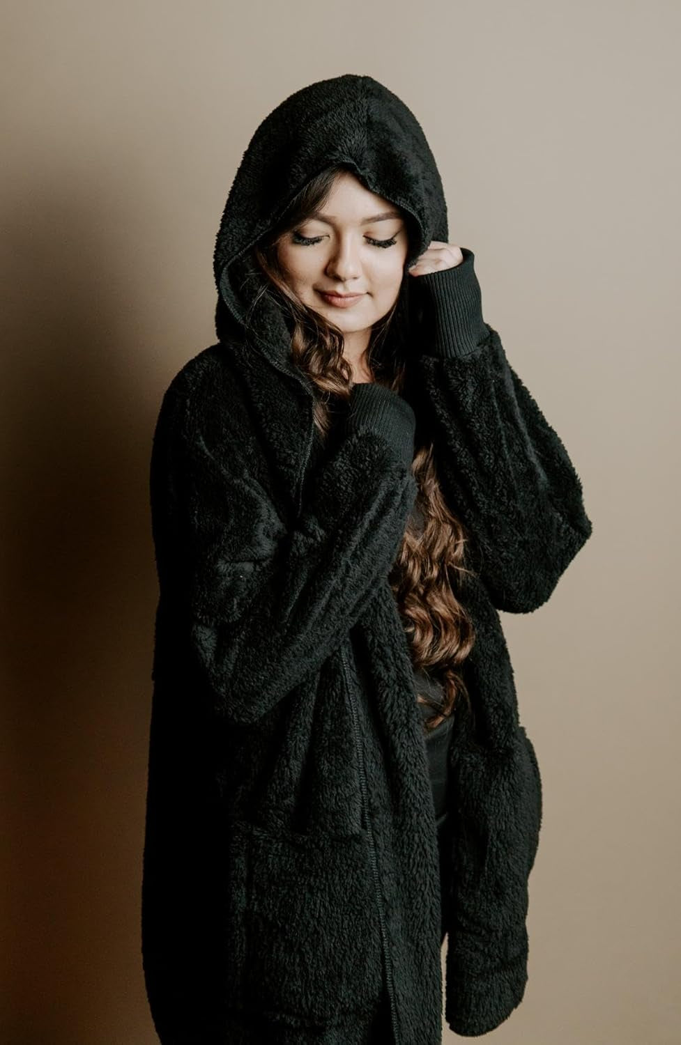 Womens Fuzzy Jacket Hooded Cardigan Open Front Sherpa Coat Outwear with Pockets
