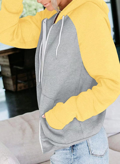 Women'S Color Block Zip up Hoodie Sweatshirt Casual Long Sleeve Jacket Sweater with Pockets Loose Tops