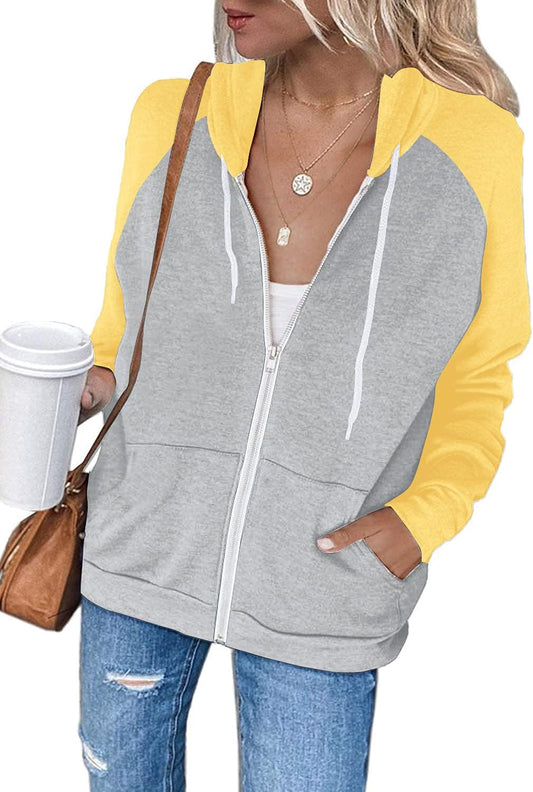 Women'S Color Block Zip up Hoodie Sweatshirt Casual Long Sleeve Jacket Sweater with Pockets Loose Tops
