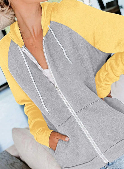 Women'S Color Block Zip up Hoodie Sweatshirt Casual Long Sleeve Jacket Sweater with Pockets Loose Tops