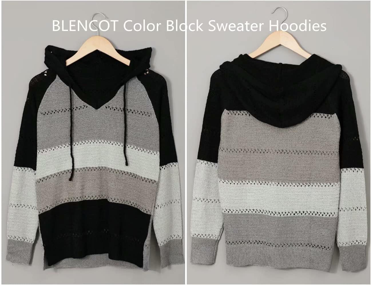 Women Color Block Hooded Crochet Striped Sweaters Lightweight Drawstring Hoodies Pullover Trendy Sweatshirts