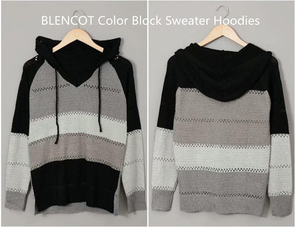 Women Color Block Hooded Crochet Striped Sweaters Lightweight Drawstring Hoodies Pullover Trendy Sweatshirts