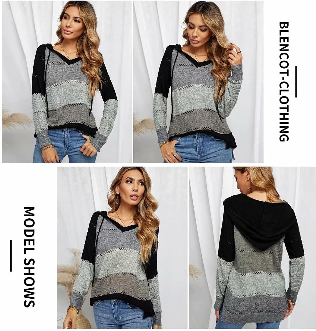 Women Color Block Hooded Crochet Striped Sweaters Lightweight Drawstring Hoodies Pullover Trendy Sweatshirts