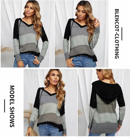 Women Color Block Hooded Crochet Striped Sweaters Lightweight Drawstring Hoodies Pullover Trendy Sweatshirts
