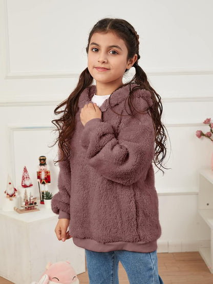 Kids Girl'S Fuzzy Hoodies Zipper Warm Loose Sherpa Hooded Sweatshirt Pullover with Pockets