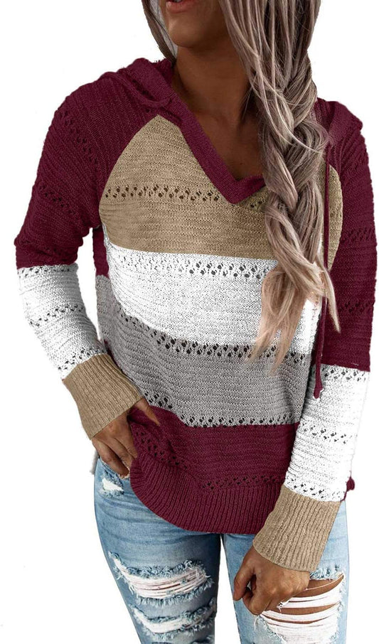 Women'S 2025 Fall Striped Color Block Hoodies Fashion V Neck Knit Sweater Pullovers