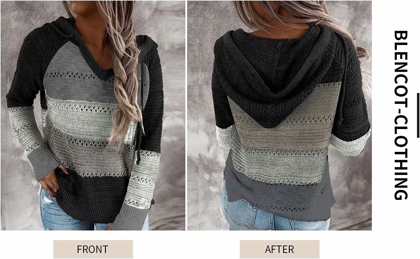Women Color Block Hooded Crochet Striped Sweaters Lightweight Drawstring Hoodies Pullover Trendy Sweatshirts