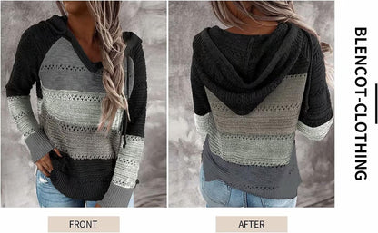 Women Color Block Hooded Crochet Striped Sweaters Lightweight Drawstring Hoodies Pullover Trendy Sweatshirts