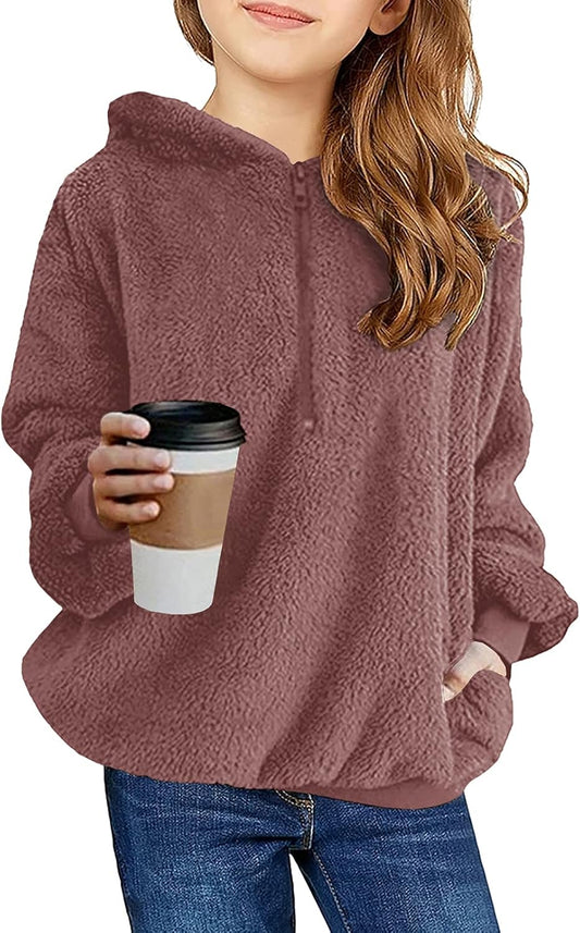 Kids Girl'S Fuzzy Hoodies Zipper Warm Loose Sherpa Hooded Sweatshirt Pullover with Pockets