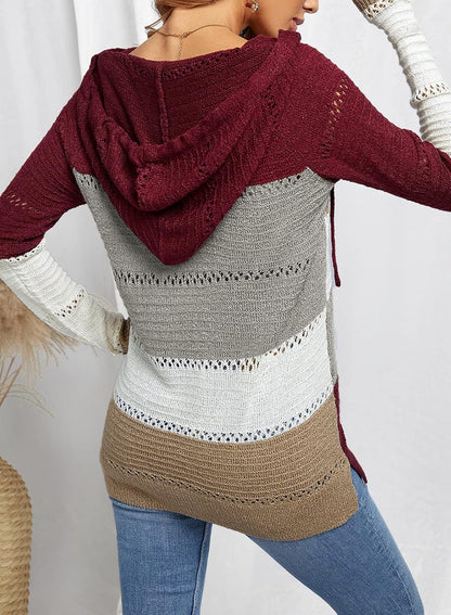 Women'S 2025 Fall Striped Color Block Hoodies Fashion V Neck Knit Sweater Pullovers