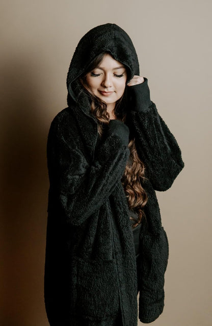 Womens Fuzzy Jacket Hooded Cardigan Open Front Sherpa Coat Outwear with Pockets